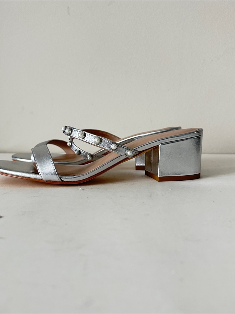 NEW Stuart Weitzman Goldie Silver Pearl-Embellished Block Heel Sandals, Sz 9